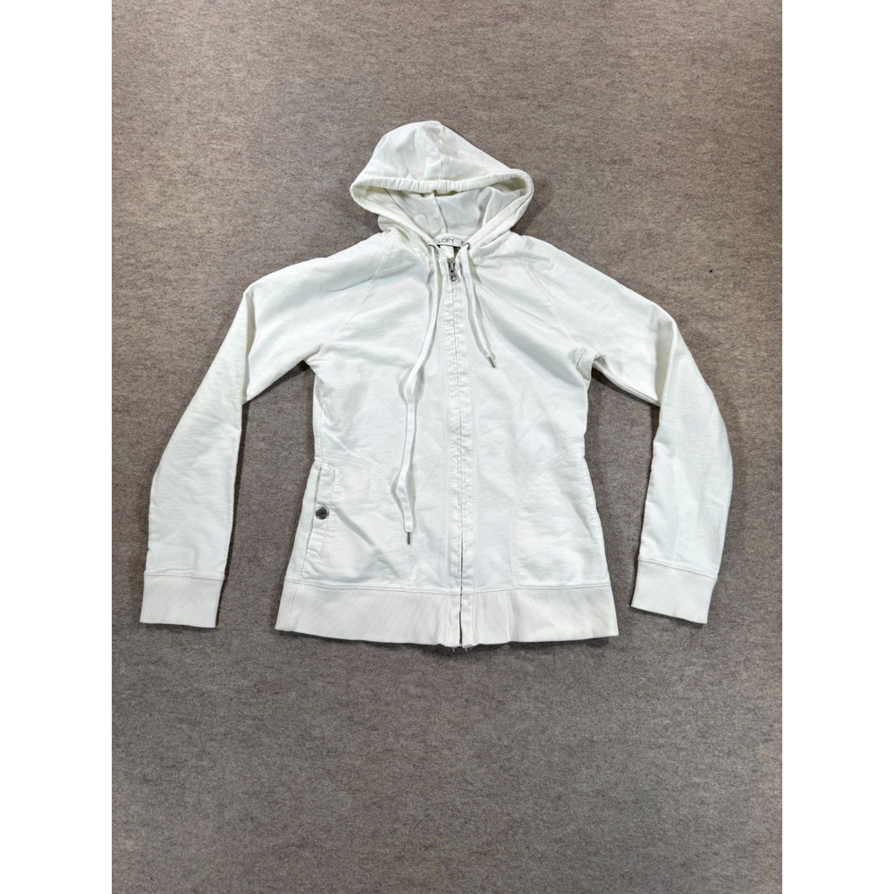 Ann Taylor LOFT Hoodie Womens White Knit Pockets Raglan Sleeve Full Zip Size M